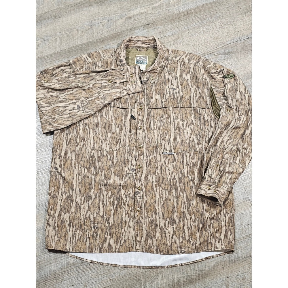 vintage Mossy Oak Drake Waterfowl Systems Bottomland Camo Shirt XL Mens Hunting